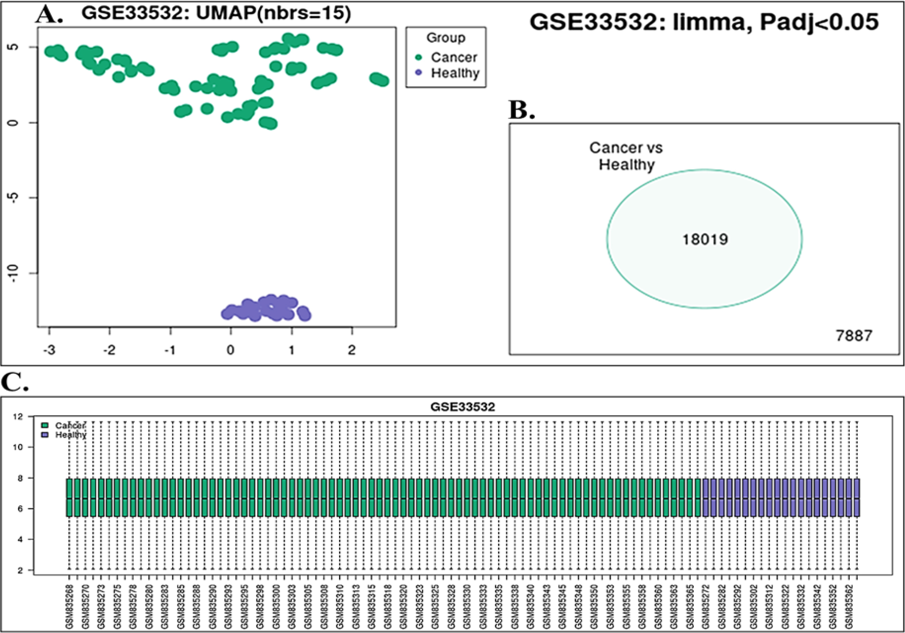 (A) Umap anlaysis of dataset of GSE33532 (B) Cluster analysis of dataset of GSE33532 (C) Boxplot analysis of dataset of GSE33532.