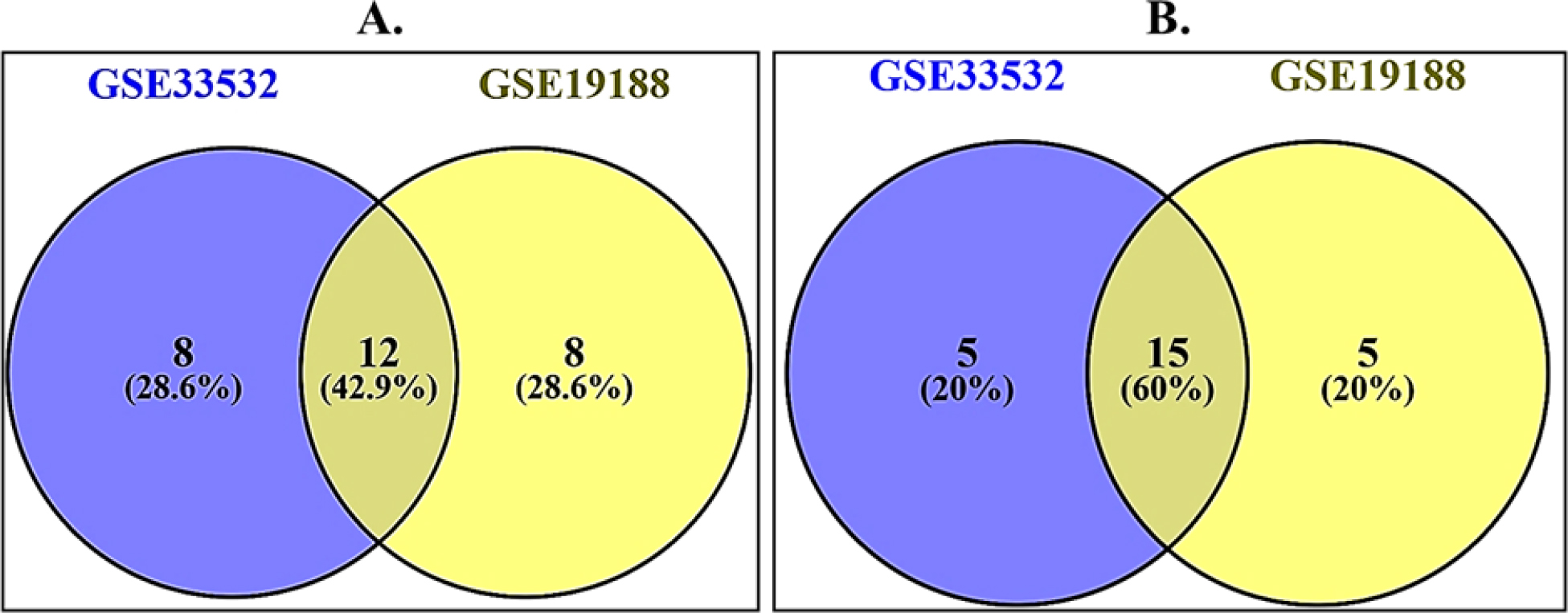 (A) Venn Diagram of Upregulated genes obtained through gene expression profiling dataset of GSE33532 and GSE19188 (B) Venn Diagram of Downregulated genes obtained through gene expression profiling dataset of GSE33532 and GSE19188.
