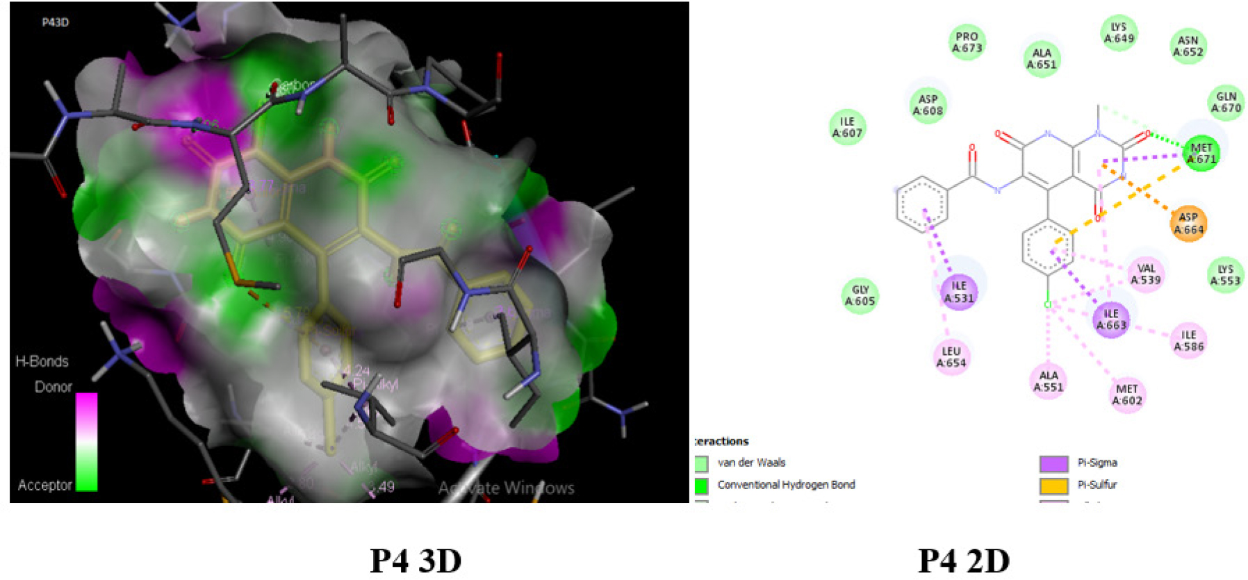 3D and 2D interaction poses of lowest binding molecules with MPS-1(PDB ID-6H3K).