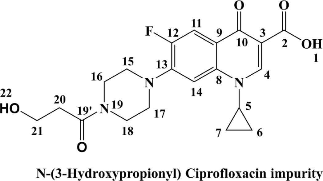Elucidated structure of N-(3-Hydroxypropionyl) Ciprofloxacin impurity (HP-CIP).