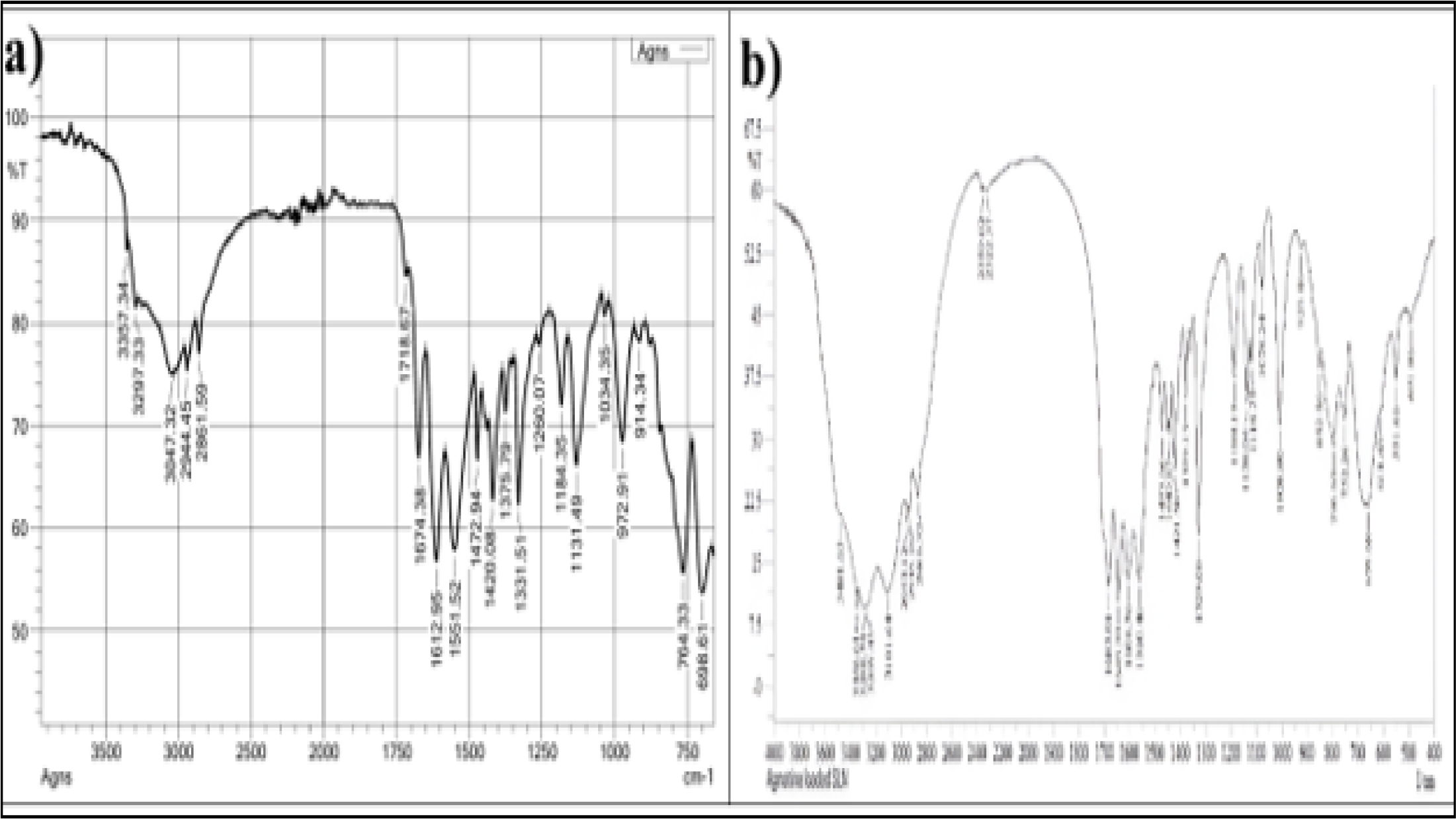 FTIR spectrum a) Agmatine sulphate b) Agmatine Sulphate-loaded SLNs.