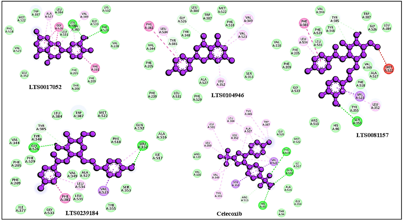 Interacting residues of COX-2 with top 4 compounds LTS0017052, LTS0104946, LTS0081157, and LTS0239184) and the control Celecoxib. The compounds has been shown in ball and stick representations.