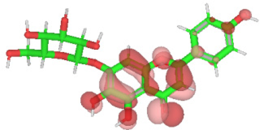 Spatial representation of the highest occupied molecular orbital (HOMO) over the molecular framework of Plantaginin.