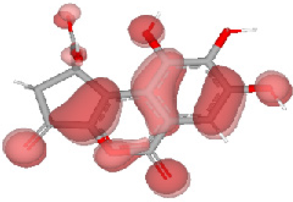 Spatial representation of the highest occupied molecular orbital (HOMO) over the molecular framework of Brevifolin Carboxylic Acid.