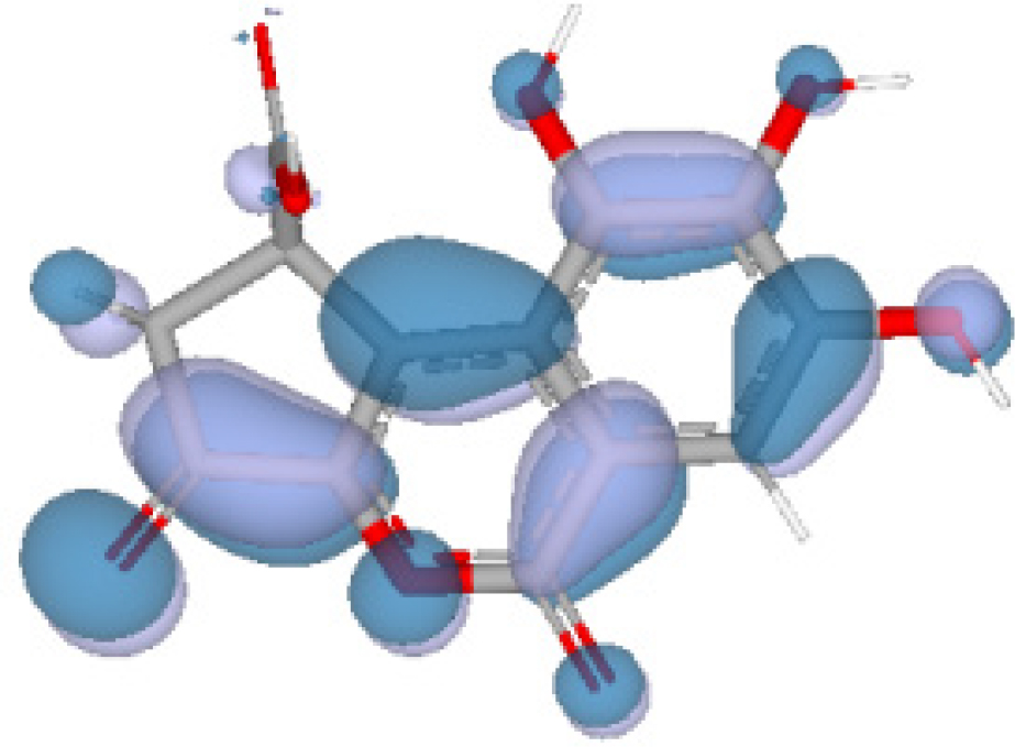 Spatial representation of the lowest unoccupied molecular orbital (LUMO) over the molecular framework of Brevifolin Carboxylic Acid.