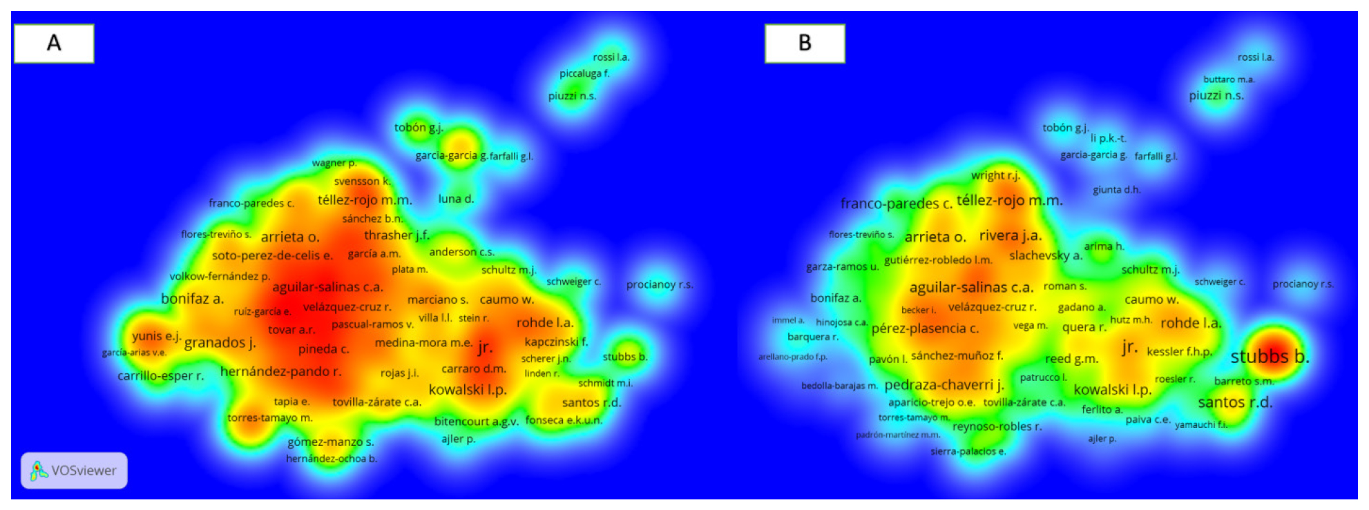 Co-authorship networks for hospitals and clinics in Argentina, Brazil, Chile, Colombia and Mexico. A: weighted by documents B: weighted by citations.