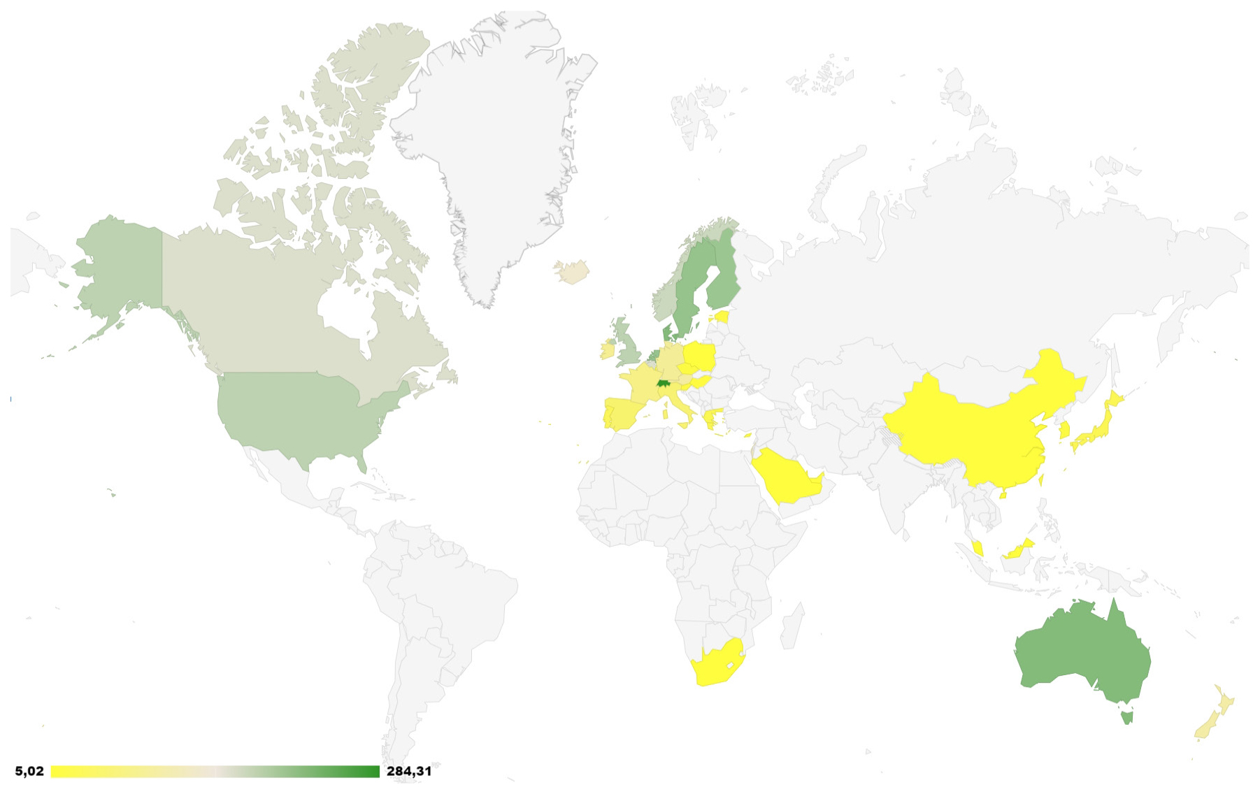 The geographical distribution of the top scientists according to the proportion of scientists per 1M population, as shown in Table 2.