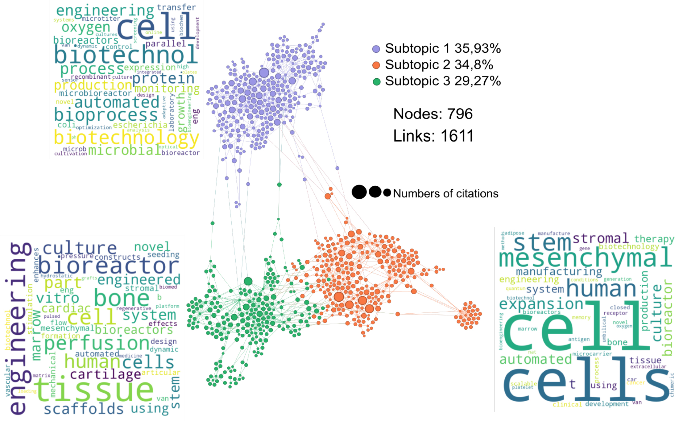 Main areas of knowledge in bioreactor research and their interconnections, as identified by scientometric analysis.