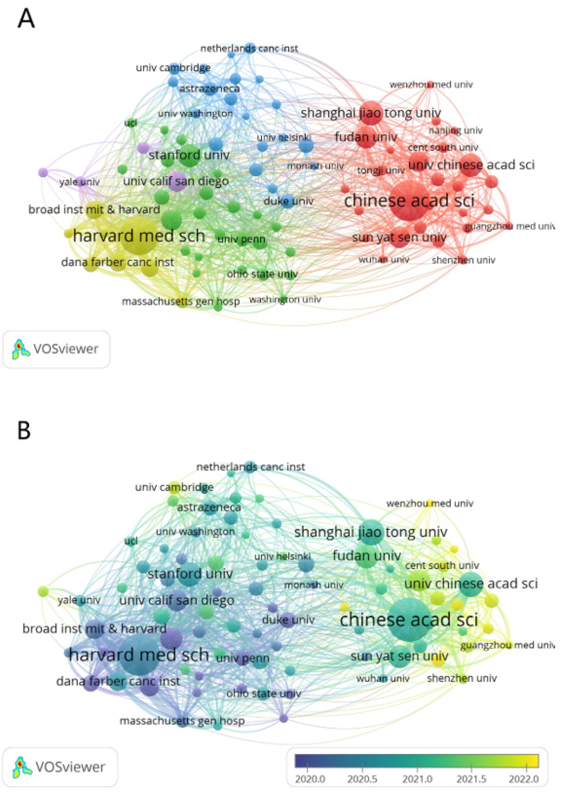 (A) The institutional clusters and co-occurrence network. (B) The institutional co-occurrence density map.
