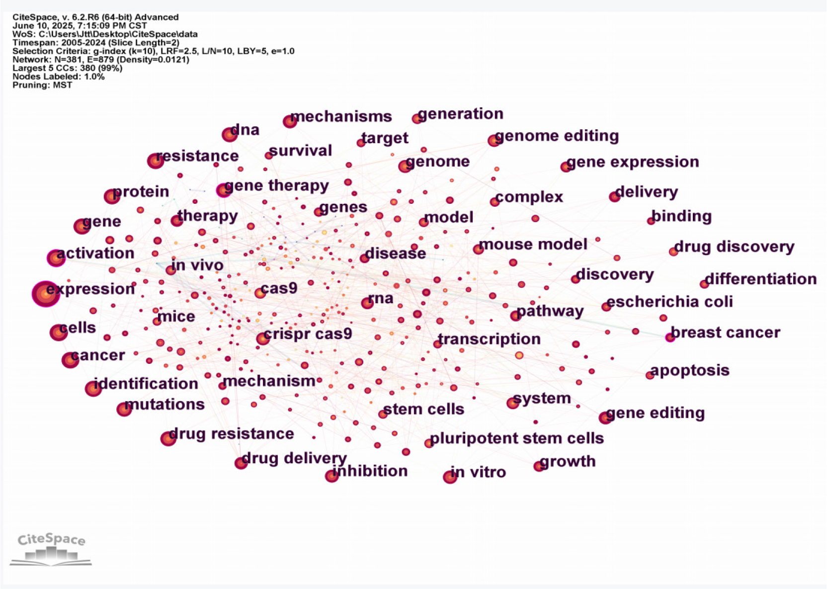 Network map of keywords from CiteSpace. Each node represents a distinct keyword, with node size proportional to the keyword's frequency.
