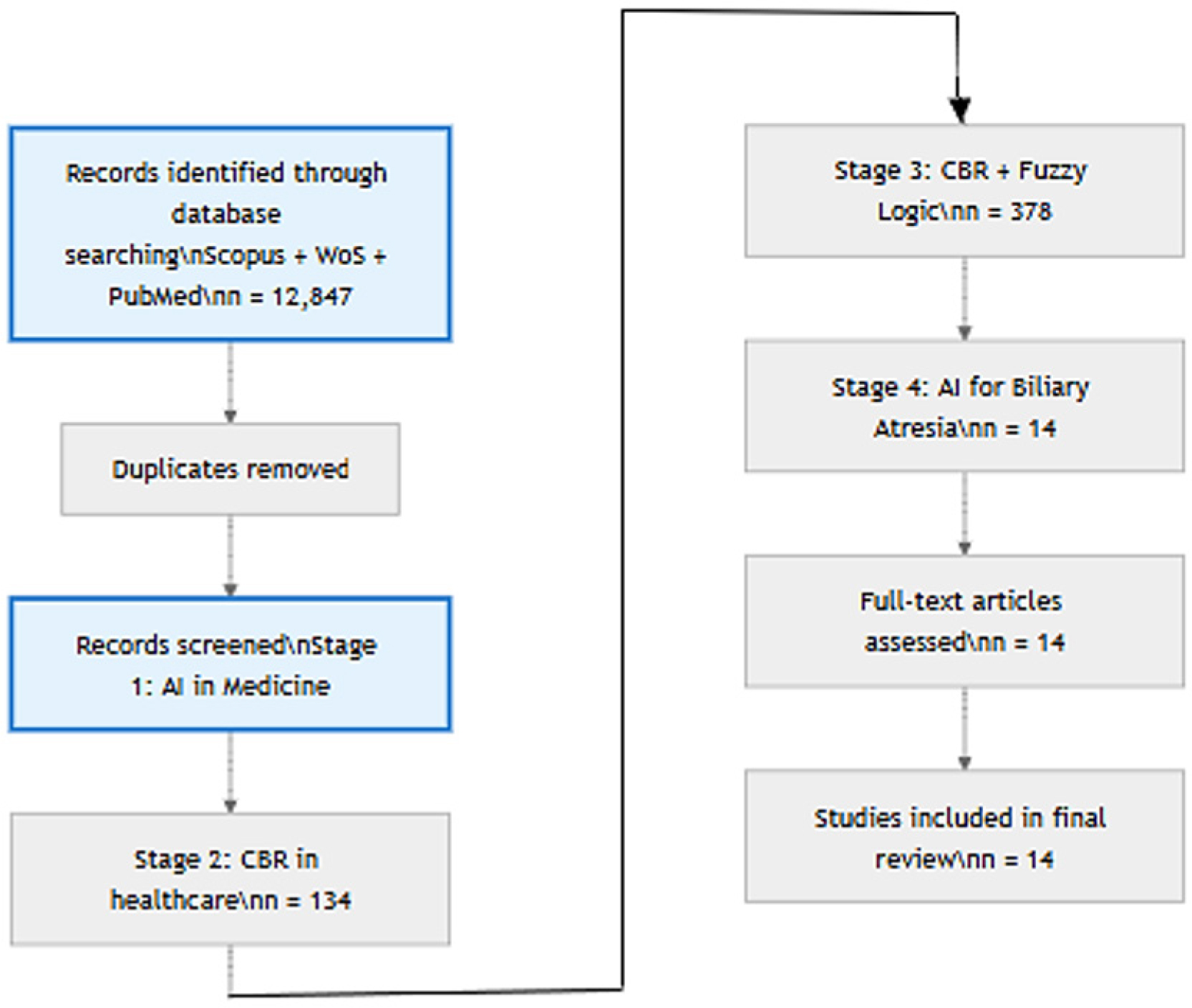 PRISMA flow diagram of the staged literature search and selection process.