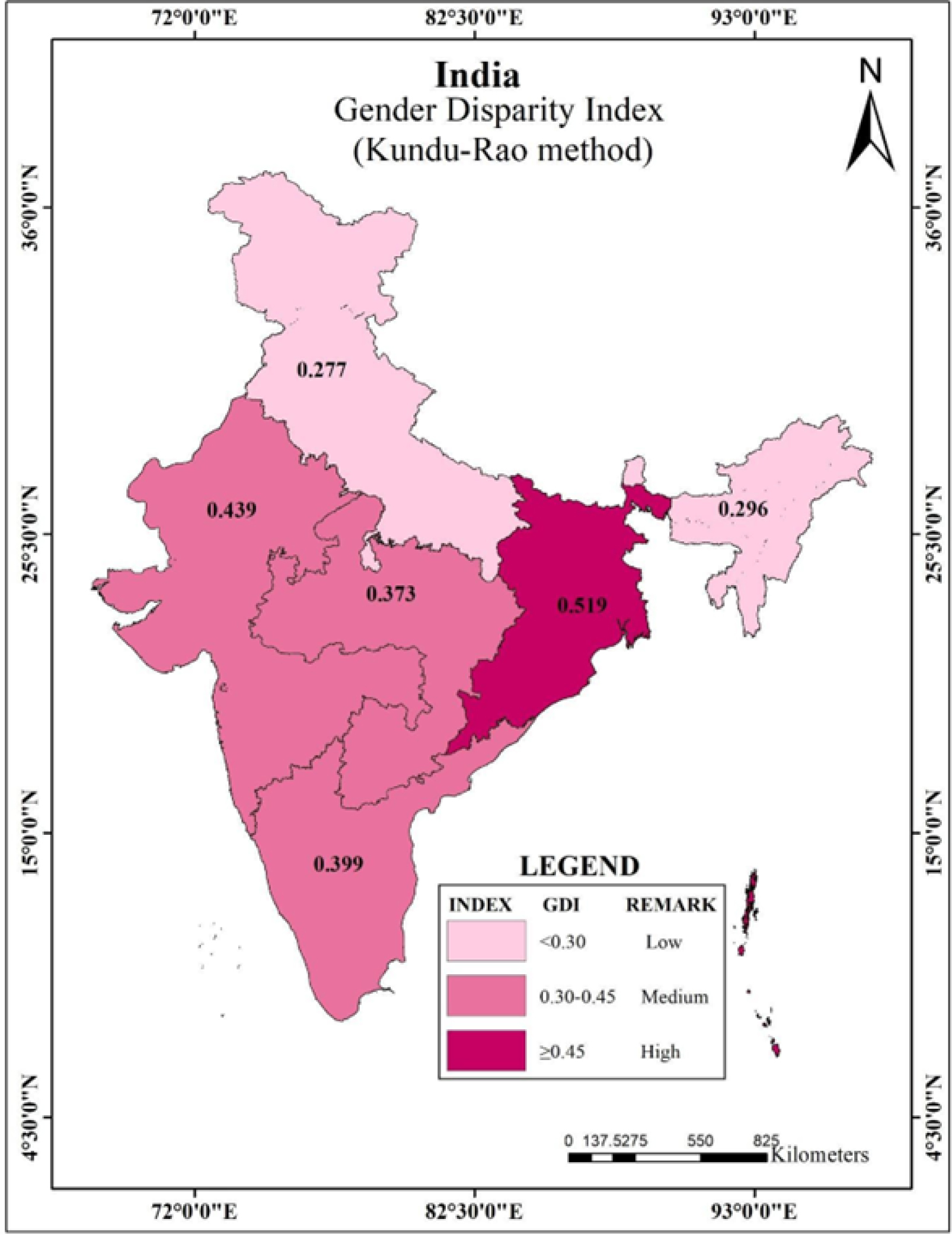 Region-wise gender disparity indices of LIS doctoral dissertations in India.