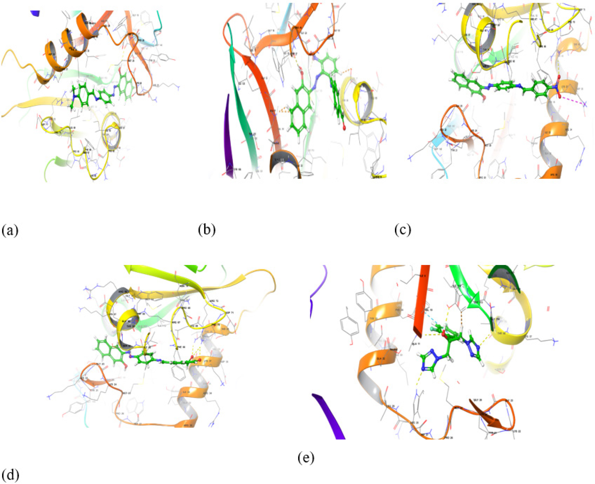 Docking 3-D of Antifungal bacterial protein [4HOE]; a-C2, b-C4, c-C6, d-C7, e-std.drug(Fluconazol).