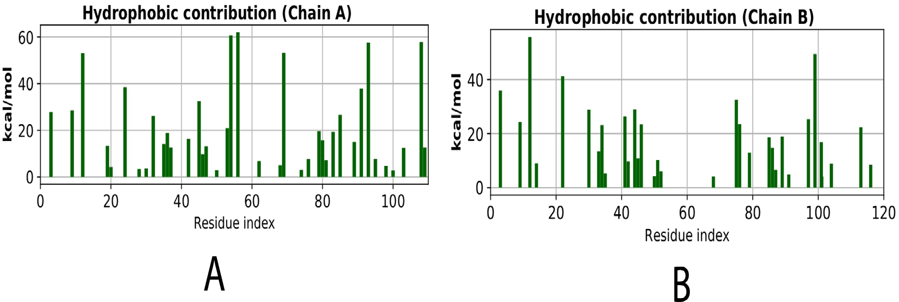Residue-wise hydrophobic energetic contribution profile of Brain-Derived Neurotrophic Factor (BDNF) derived from residue-level energetic decomposition. (A) Chain A and (B) Chain B. Hydrophobic energetic contributions (kcal/mol) are plotted as a function of residue index, illustrating heterogeneous distribution across both monomeric subunits. Chain A demonstrates localized regions of elevated hydrophobic contribution corresponding to aggregation-prone segments, whereas Chain B exhibits broader but comparatively moderate hydrophobic distribution.
