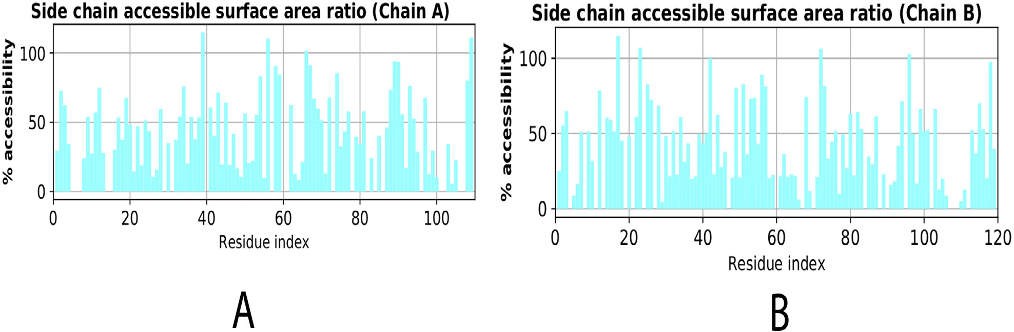 Residue-wise side-chain solvent accessibility profile of Brain-Derived Neurotrophic Factor (BDNF). (A) Chain A and (B) Chain B. Relative Solvent Accessibility (RSA) values, calculated from Solvent-Accessible Surface Area (SASA) and normalized against reference exposure values, are plotted as a function of residue index. Regions exhibiting elevated solvent accessibility correspond to surface-exposed residues that may facilitate intermolecular interactions and aggregation initiation.