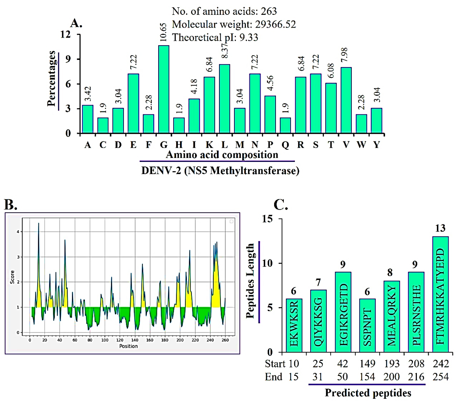 Amino acid composition and predicted antigenic peptides of DENV-2 NS5-MTase. (A) Amino acid makeup shows main residues (Phe, Lys, Leu, Val), sequence length (263 aa), MW (29.37 kDa), and pI (9.33). (B) Antigenicity along the sequence highlights surface areas. (C) Predicted B-cell epitopes with their positions; FTMHRKKATVEPD (242-254) has the highest antigenic score.