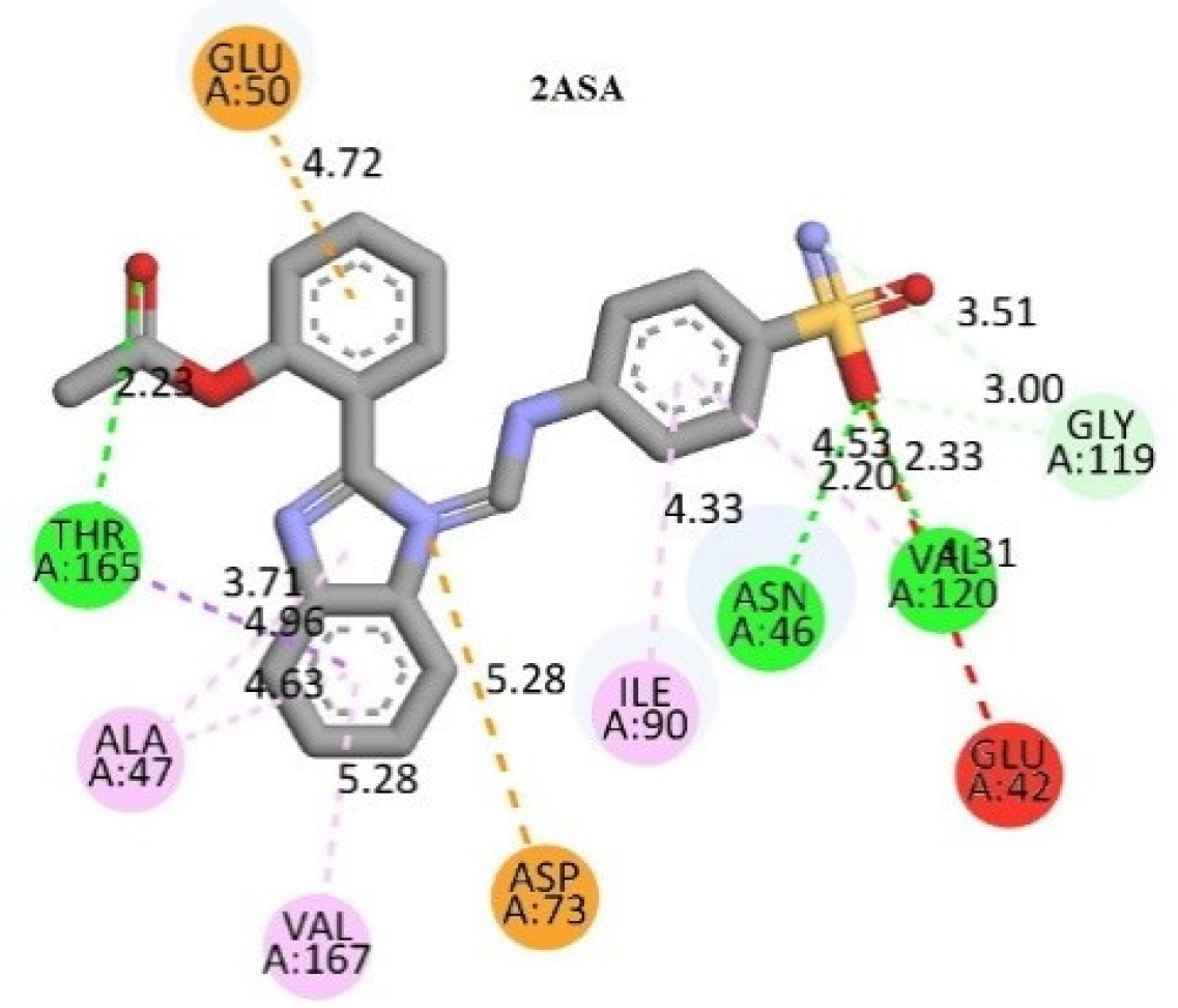Interaction of Compound 2ASA with the active site residues of DNA Gyrase.