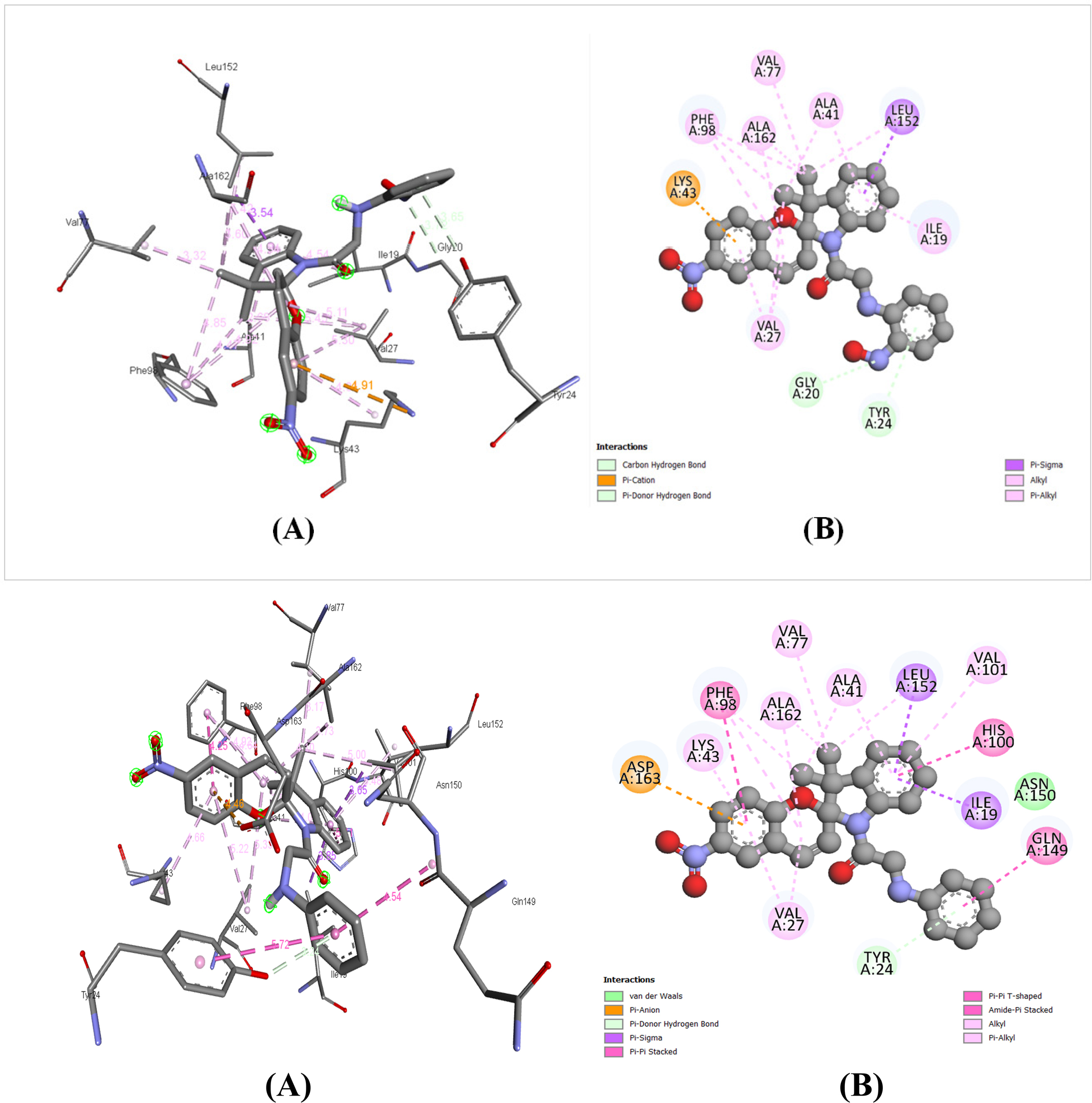 Molecular docking interactions with CDK6 (PDB ID: 5L2I). (A) 3D and 2D interaction diagrams for compound S5 (binding energy: -9.8 kcal/mol), showing hydrogen bonds with GLY20 and TYR24, and electrostatic interaction with LYS43. (B) Corresponding diagrams for compound S2 (binding energy: -9.1 kcal/mol). (C) Reference compound palbociclib (binding energy: -9.4 kcal/mol), showing hydrogen bonds with VAL101 and GLU99. Generated using BIOVIA Discovery Studio Visualizer v4.5.