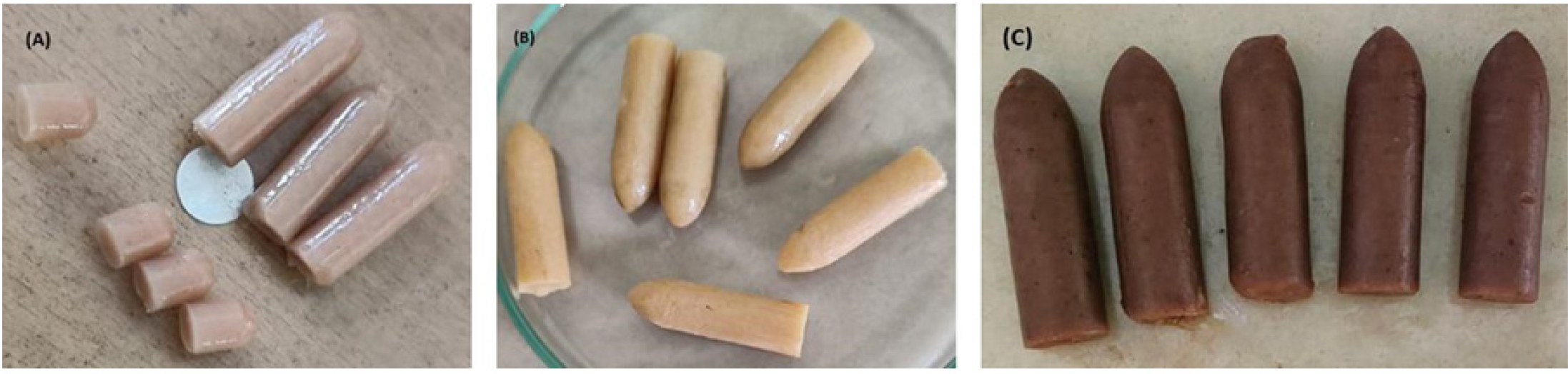 Representative photographs of three formulations. (A) Formulation 1 showing uneven pigment distribution and phase separation. (B) Formulation 2 representing increased hardness and pigment separation persisted. (C) Formulation 3 exhibiting improved pigment uniformity.