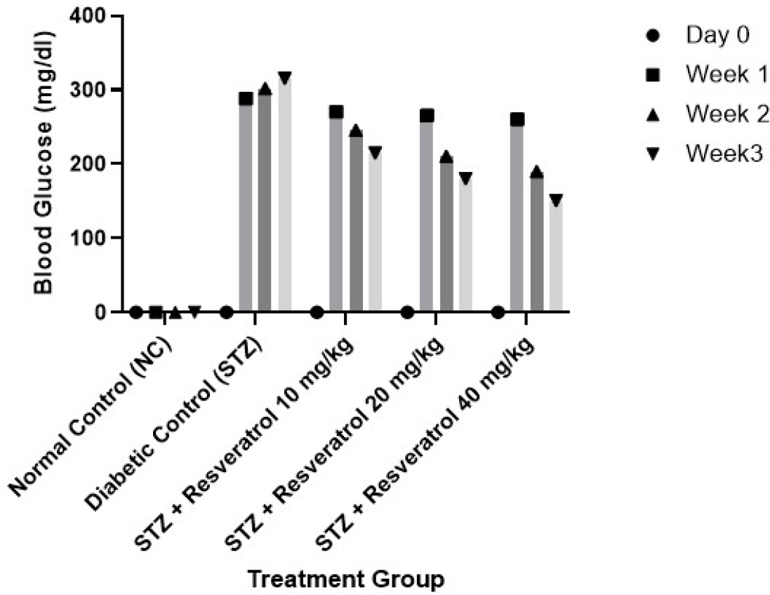 Impact of Resveratrol on plasma glucose levels (mg/dL) in Streptozotocin-treated diabetic Rats. p<0.05 as compared to the Streptozotocin (STZ)- treated diabetic group.