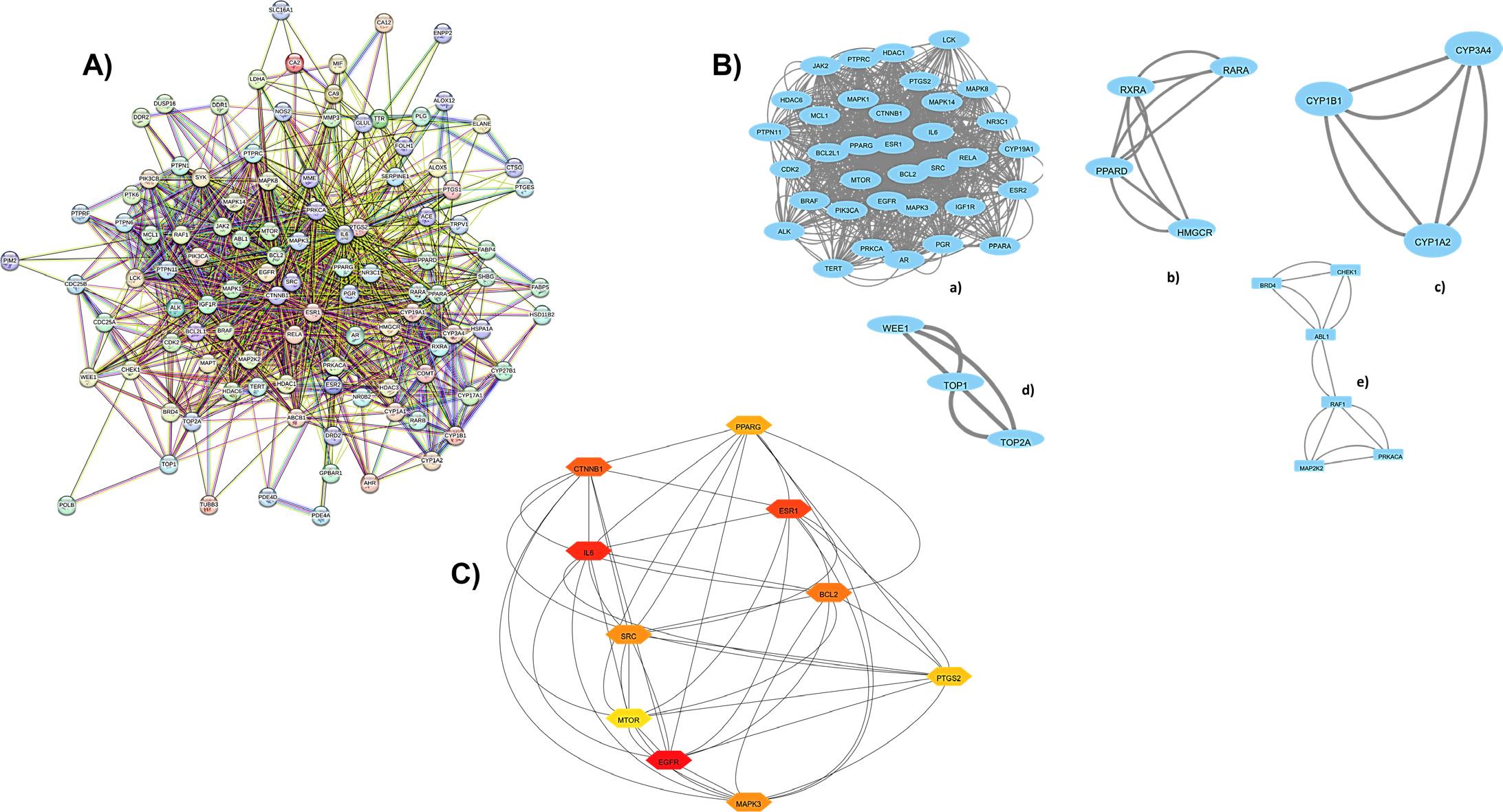 Protein-Protein Interaction (PPI) network architecture and topological analysis of HGSOC targets. (A) Global PPI network of 107 common targets generated via STRING. (B) MCODE-based cluster analysis identifying five functional modules: (a) Cluster 1, the primary regulatory core; (b-e) secondary metabolic and signalling clusters. (C) Topological hub-gene identification; nodes coloured red to yellow indicate increasing degree centrality, highlighting IL6, SRC, EGFR, and MTOR as master regulators.