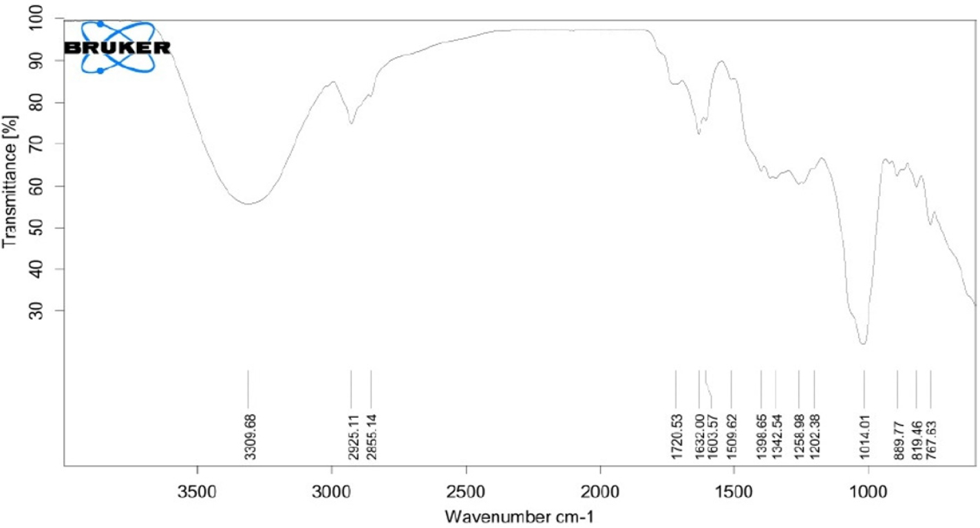 IR spectra of methanolic extract of Lawsonia inermis.