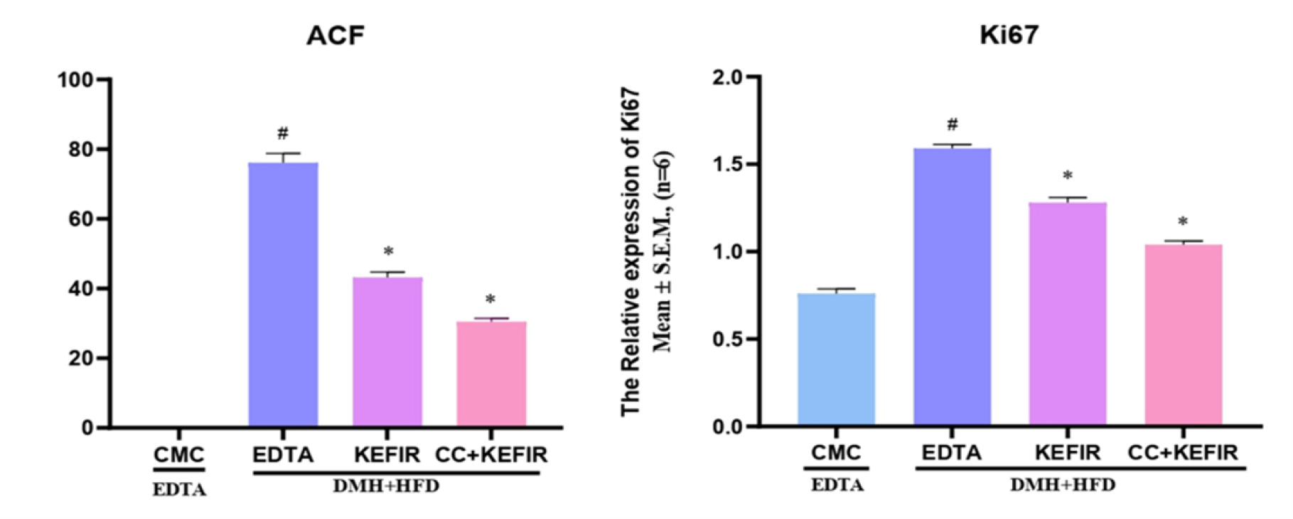 Effect of MLECC and kefir on Aberrant Crypt Foci (ACF) formation and Ki-67 expression in colon tissues of DMH + HFD-induced colorectal cancer rats. Quantitative analysis of ACF incidence and relative Ki-67 mRNA expression in colon tissue. Combination therapy significantly reduced ACF number and suppressed proliferation marker expression compared with disease control, indicating inhibition of early tumorigenesis.