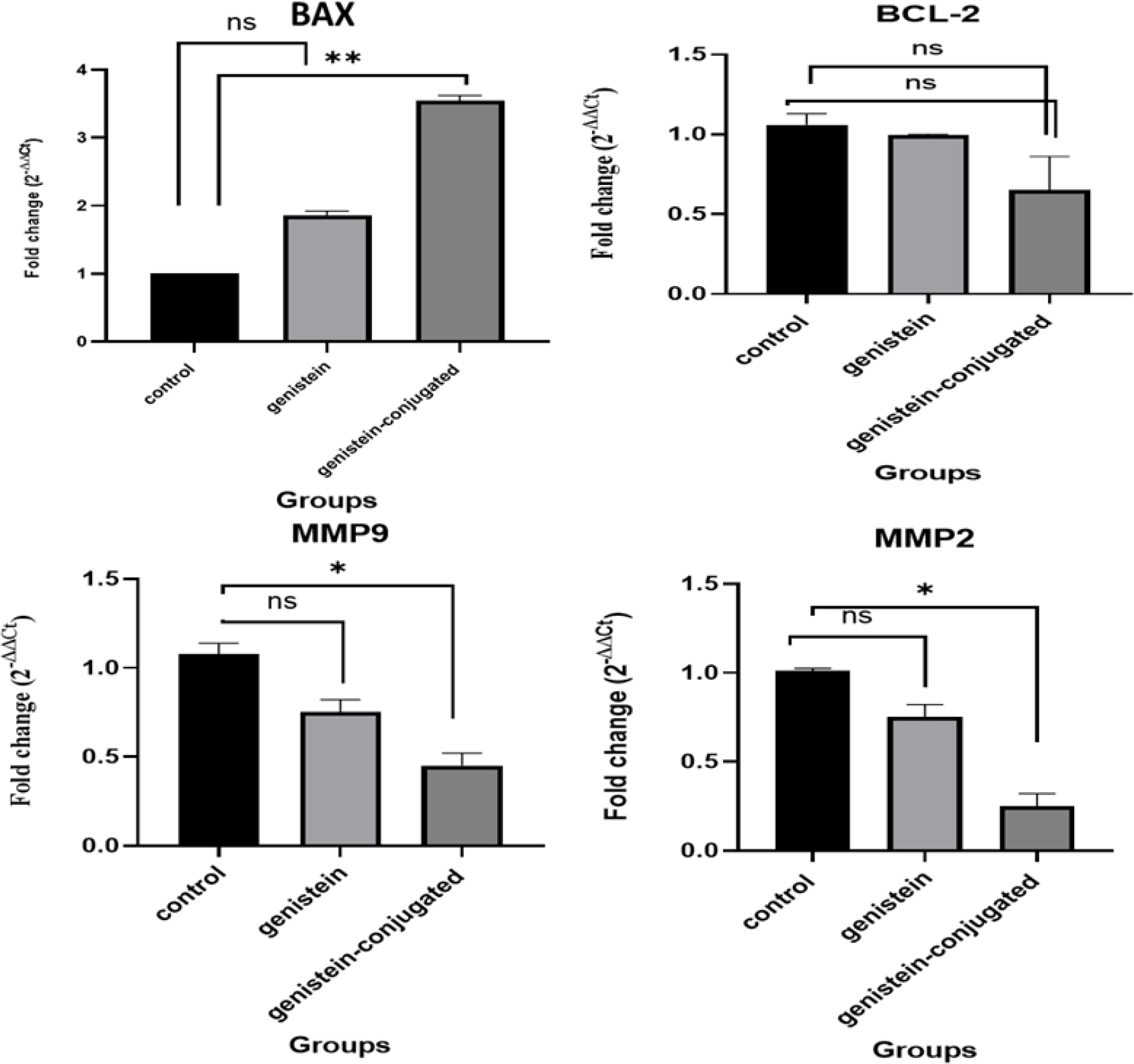 The effect of genistein-conjugated chitosan nanoparticles on the relative expression of apoptotic and metastatic markers in cancer cells. (A) Expression of pro-apoptotic gene BAX was significantly increased (p<0.0001) following treatment. (B) The anti-apoptotic gene BCL-2 was significantly downregulated (p<0.001). (C) MMP-2 expression was significantly reduced (p<0.001), and (D) MMP-9 expression was also significantly downregulated (p<0.0001), suggesting reduced metastatic potential. Data are presented as mean±standard deviation (n=3).